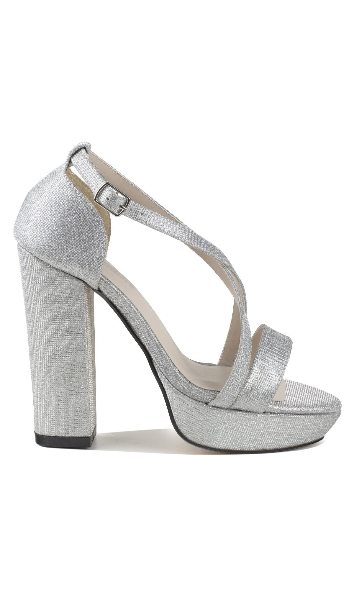 The Chloe Silver Shimmer Prom Shoes: Touch Ups 4647 are high-heeled platform sandals with an ankle strap, buckle, trendy block heels, and textured material—a stunning, elegant pick for prom.